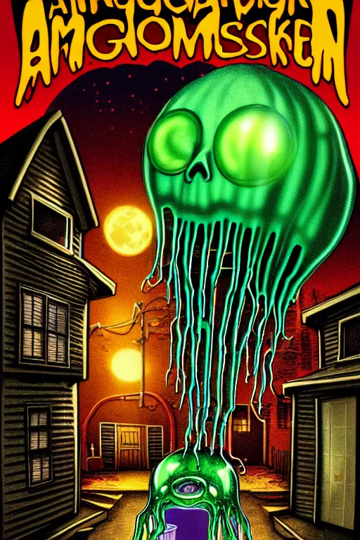 Prompt: a photorealistic vintage goosebumps cover art style illustration of a transparent jelly monster coming out of a garbage can in a dark alley way at night with moonlight casting shadows october autumn.