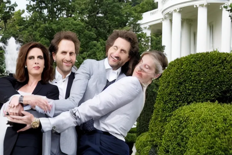 Image similar to press photo of a beautiful thirtysomething powerful female president in a suit, being held romantically by her two younger boyfriends in the white house rose garden, professional photo, press photo, glamorous, 8 k photorealistic, very detailed