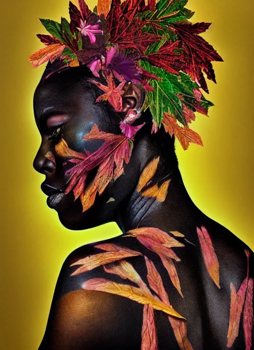 Prompt: a beautiful black woman's face in profile made of colorful leaf and flower skeleton, in the style of the dutch masters and gregory crewdson, dark and moody,