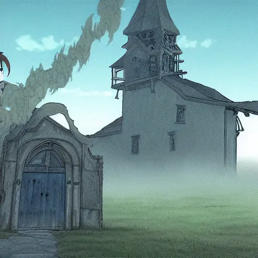 Image similar to ghost of a young girl, a burnt out church, wisps of smoke, photorealism, cel shaded, studio ghibli, hayao miyazaki