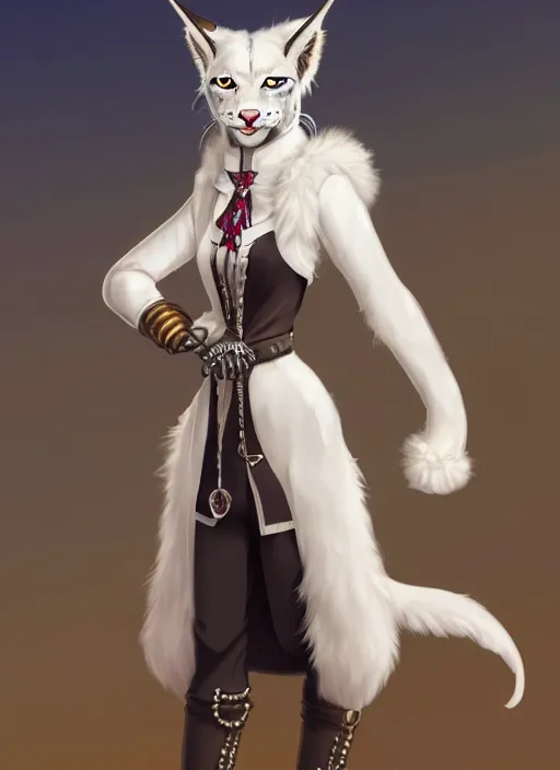 Image similar to wide angle beautiful full body portrait of a strong female anthropomorphic anthro white lynx fursona wearing a steampunk dress. character design by disney, anime, manga, charlie bowater, ross tran, artgerm, and makoto shinkai, detailed, soft lighting, rendered in octane