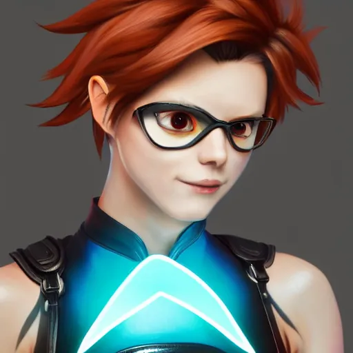 Image similar to portrait bust digital artwork of tracer overwatch, wearing black iridescent rainbow latex tank top, 4 k, expressive happy smug expression, makeup, in style of mark arian, angel wings, wearing detailed black leather collar, chains, black leather harness, detailed face and eyes,