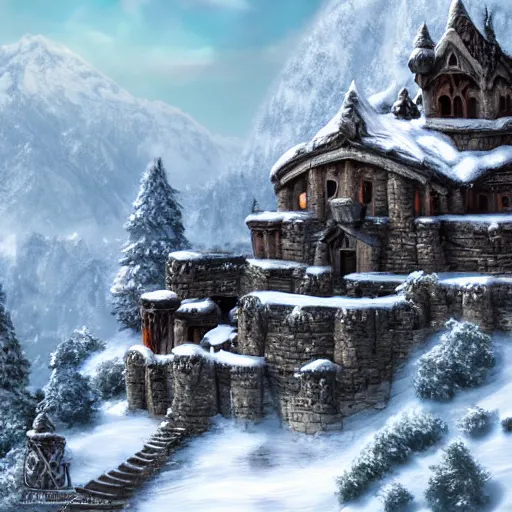 Prompt: old abandoned dwarven keep nestled high up in the snow covered mountains. picturesque scenery. running water. landscape photography. fantasy. trending on art station.