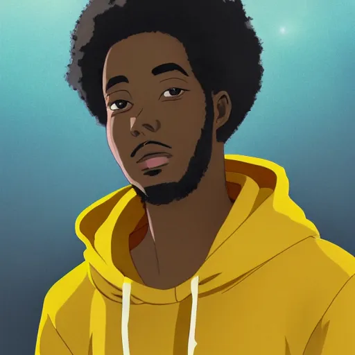 Image similar to portrait of black man wearing a yellow hoodie studio ghibli, fantasy, medium shot, asymmetrical, intricate, elegant, matte painting, illustration,