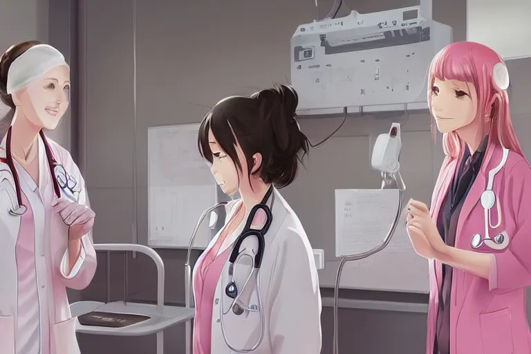 Image similar to a cute and beautiful young female doctor wearing white coat are talking with a nurse wearing pink coat in a hospital ward, highly detailed, digital painting, slice of life anime, illustration, anime scenery by Makoto shinkai