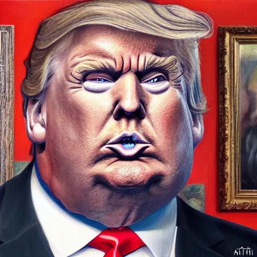 Prompt: obese trump. overweight. amazing painting. formal. beautiful. high resolution. highly realistic. close - up. trending on artstation