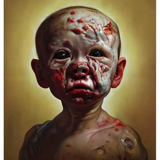 Image similar to oil painting by christian rex van minnen of a portrait of an extremely bizarre disturbing mutated baby with intense chiaroscuro lighting perfect composition, baby scarred, burns, horrible, disgusting, terrifying, award winning painting