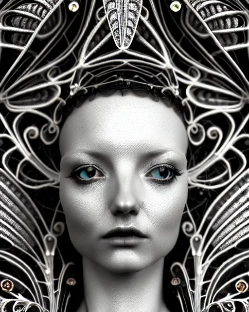 Image similar to mythical dreamy black and white organic bio - mechanical spinal ribbed profile face portrait detail of translucent steampunk beautiful female angelic - human - queen - vegetal - cyborg, highly detailed, intricate crystal ivy jelly ornate, poetic, translucent roses ornate, 3 d render, digital art, octane render, 8 k artistic photography, photo - realistic, by dora maar