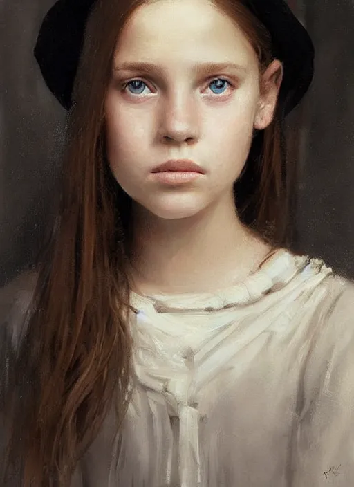 Prompt: a portrait of a thirteen year old girl with brown hair and a stern expression. she is wearing a simple dress and a black pointed witch hat. beautiful painting with highly detailed face by greg rutkowski and raymond swanland