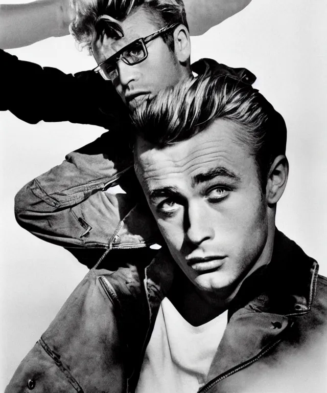 Image similar to a color photograph of james dean, by annie leibovitz, platinum blond, intense, bold, exaggerated, overblown, ultra sharp, extra details, ultra high quality, trending on pinteresst