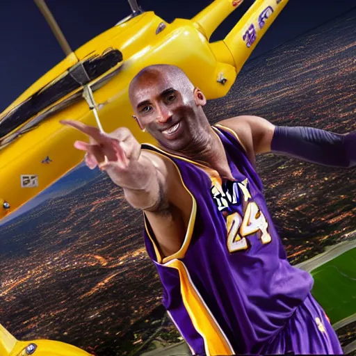 Prompt: selfie of kobe bryant in a helicopter, smoke around him, 8k resolution, hyper detailed, realistic face, shot in the air