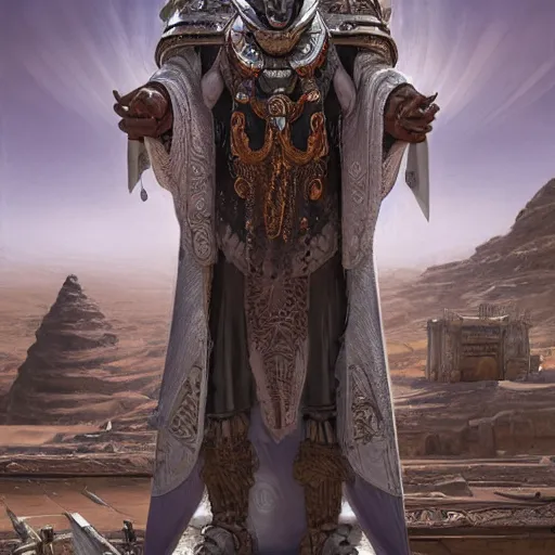 Image similar to an african moor wearing white robes and turban in the valley of the kings, ornate steampunk stargate, front game card, marvel comics, dark, intricate, highly detailed, smooth, artstation, digital illustration by ruan jia and mandy jurgens and artgerm and wayne barlowe and greg rutkowski and zdislaw beksinski.