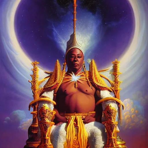 Prompt: obatala the cosmic god sitting on a throne of nebula clouds, by Adi granov and thomas blackshear, matte painting, orisha, 8k, hd