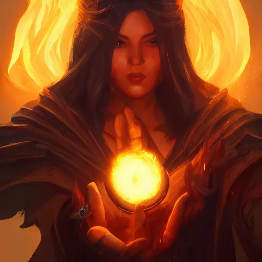 Prompt: The sorceress casting a fireball, Official Hearthstone artwork by Greg Rutkowski in Hearthstone Art style, professional illustration, very high details, insanely trending on Artstation