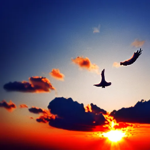 Image similar to Close-up realistic shot of a radiant white dove flying over the clouds at sunset, ethereal, vintage photograph, film grain, surreal, awe-inspiring, highly detailed, blue and orange color scheme