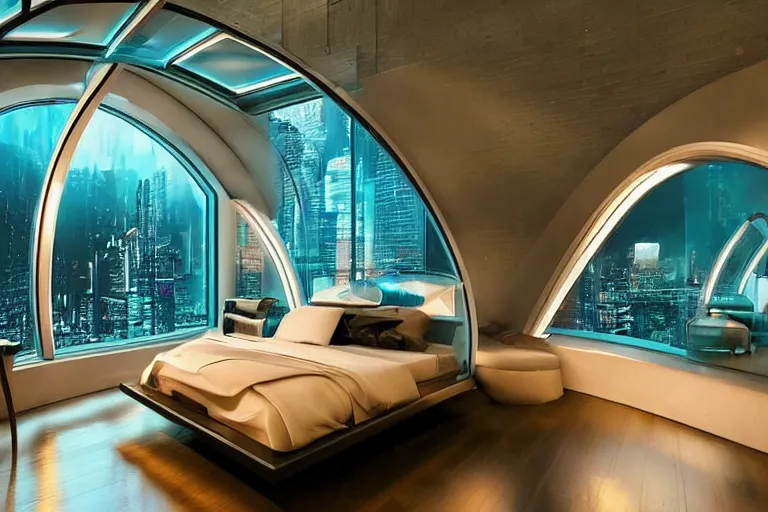 Image similar to a futuristic bedroom with large curved ceiling high windows looking out to a far future cyberpunk cityscape, cyberpunk neon lights, raining, scifi