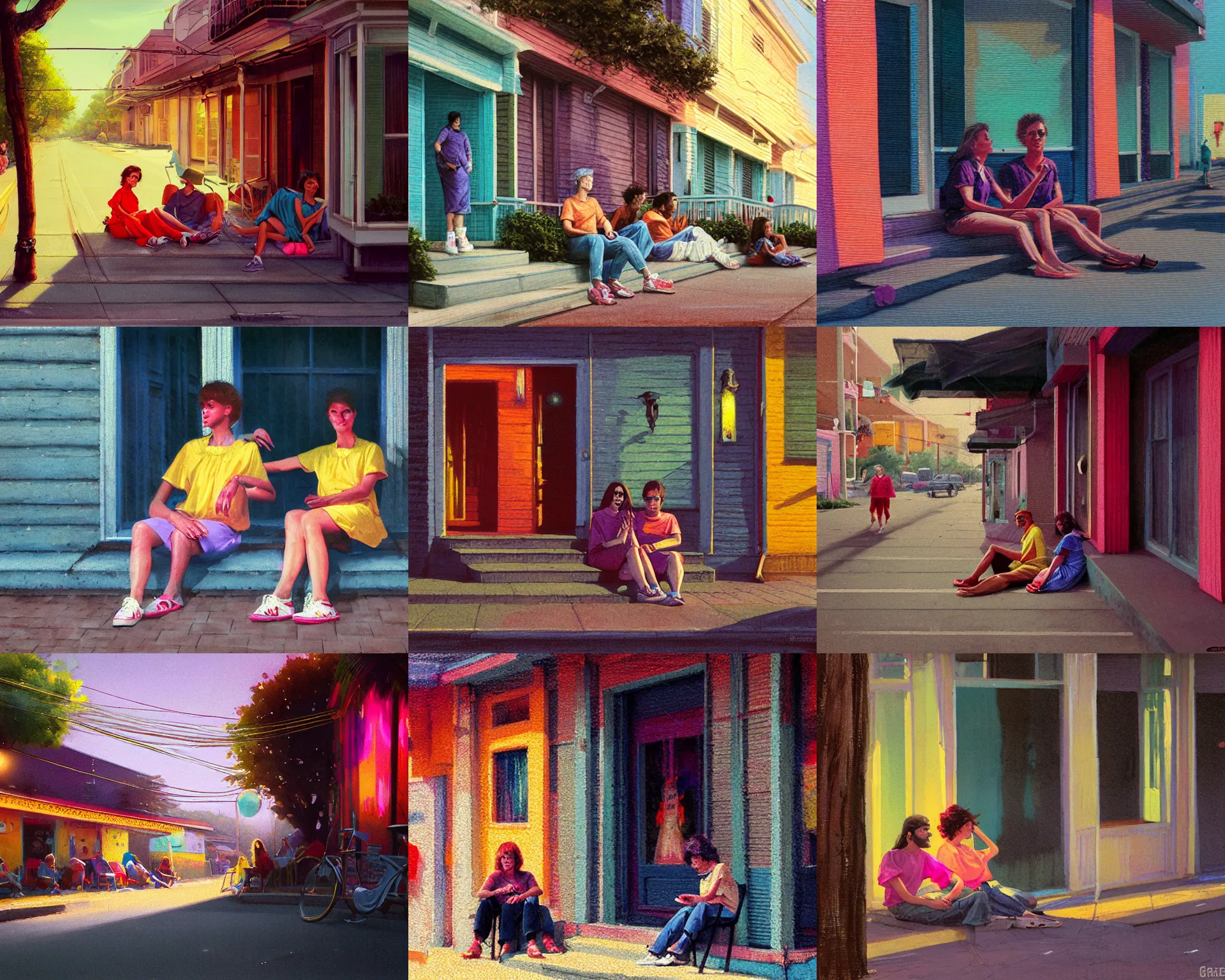 Prompt: 5 5 mm portrait photo of there were people here, sitting on porches or lounging lazily along the side of the street. they were dressed in simple tunics and smocks of flashing colors and eye - dazzling design 8 0 s atmosphere. art by greg rutkowski. soft light. nikon d 8 5 0. intricate. lifelike. highly detailed 8 k.