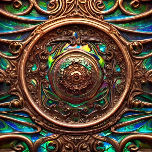 Prompt: Art Nouveau cresting oil slick waves, hyperdetailed bubbles in a shiny iridescent oil slick wave, ornate copper patina medieval ornament, rococo, baroque spirals, octane render