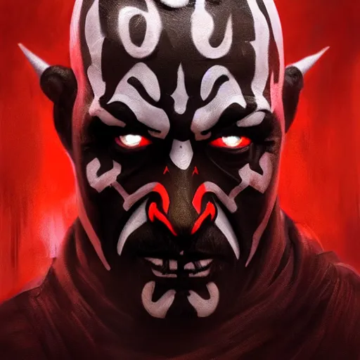 Image similar to darth maul, smirking, portrait, intricate, detailed, volumetric lighting, scenery, digital painting, highly detailed, artstation, sharp focus, illustration, concept art, ruan jia, steve mccurry