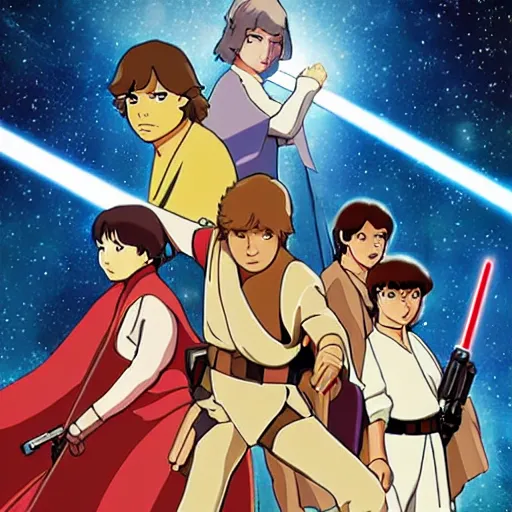 Prompt: Star Wars A New Hope poster drawn in anime style of Studio Ghibli, art, sharp focus, soft light