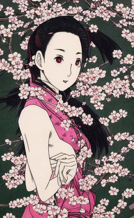 Prompt: by akio watanabe, manga art, realistic anatomy, girl and blossoming sakura branch, trading card front, kimono, sun in the background