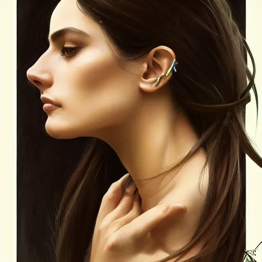 Prompt: Portrait of a Brazilan Supermodel, normal neck, beautiful eyes, olive skin, long dark hair, beautiful bone structure, intricate, elegant, highly detailed, digital painting, artstation, concept art, smooth, sharp focus, illustration, art by artgerm and greg rutkowski and alphonse mucha