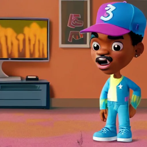 Image similar to a tv still of Chance The Rapper starring in a 2006 Pixar Animated movie