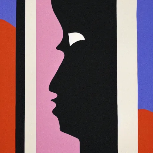 Image similar to a silhouette of a person on the phone, abstract painting in the style of Sophie Taeuber-Arp and Gary Hume and Tatsuro Kiuchi, flat colour-block style, geometric abstraction, dark colours