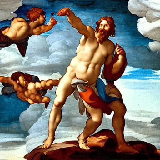 Prompt: A selfie of Poseidon and Zeus over the cloud painted by Michelangelo