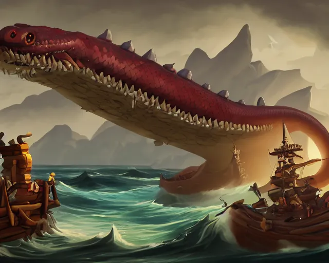 Image similar to sea of thieves animal boss character concept art for a gigantic sea serpent snake leviathan, cgsociety, trending on artstation, rare ltd,