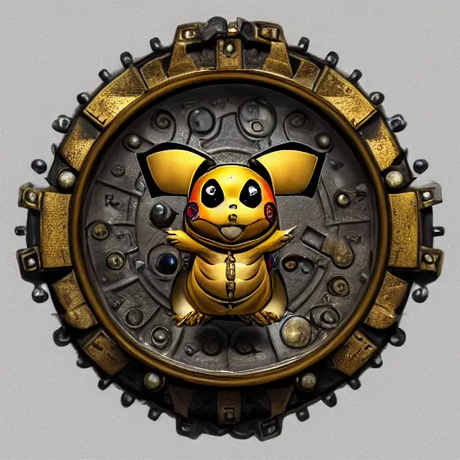 Image similar to A steampunk pikachu made from ornate engraved full plate armor and gears and several jewels, macro shot by Justin Gerard, unreal engine, physically based rendering