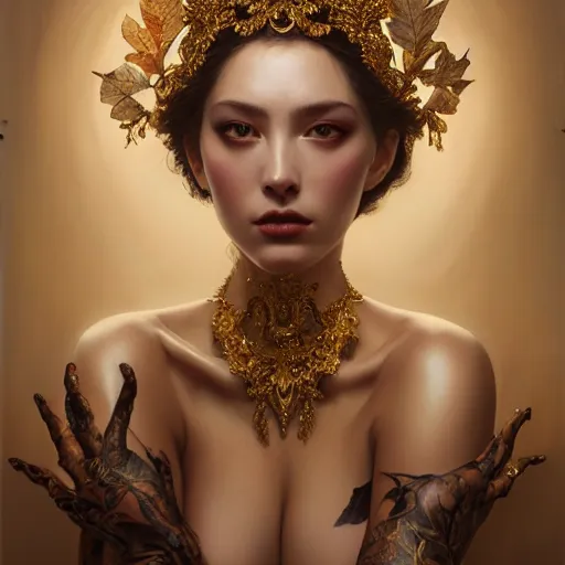 Prompt: expressive oil painting, of alluring european princess, seductive look, smirk, smooth glowing skin, glistening body, love, adoration, sweat, tattoos, ornate headpiece made from leaves, glamour shot, by yoshitaka amano, by greg rutkowski, by jeremyg lipkinng, by artgerm, digital art, octane render, dark aesthetic