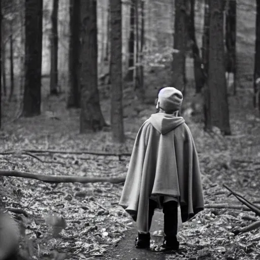 Prompt: Young Ringo Star dressed in gray cloak and gray wizards hat, in a forest , 35mm film,