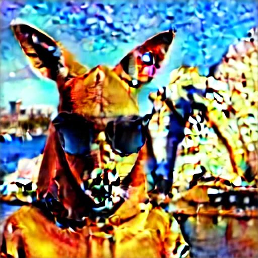 Prompt: a portrait photo of a kangaroo wearing an orange hoodie and blue sunglasses standing on the grass in front of the sydney opera house holding a sign on the chest that says welcome friends, subject : kangaroo, subject detail : wearing orange hoodie, wearing blue sunglasses, subject location : sydney opera house, subject action : holding sign i