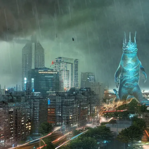 Image similar to 8 k hd detailed octane render of a kaiju in city in a thunderstorm