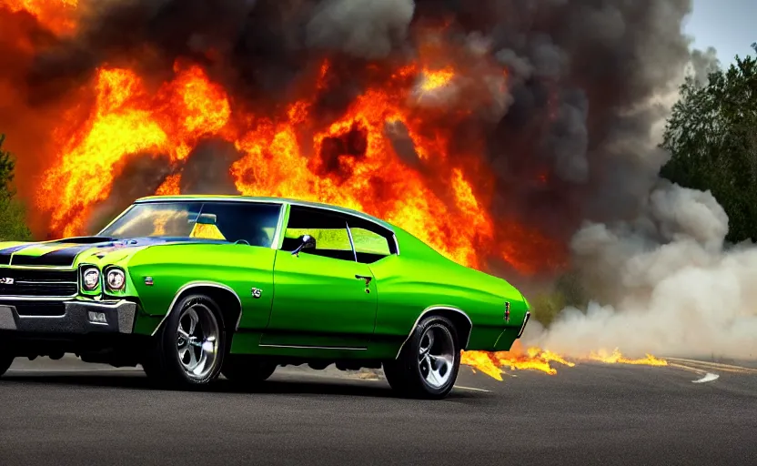 Prompt: a green 1 9 7 0 chevrolet chevelle ss driving high speed, fire explosion in the background, action scen. realistic. high resolution. dramatic