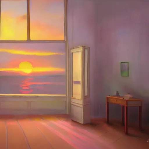 Image similar to a y 2 k room, sunset, oil painting, pale colors, high detail, 8 k, wide angle, trending on artstation,