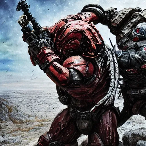 Prompt: The Predator fighting a Space Marine, intense combat, high detail, desolate landscape, trending, masterpiece, high resolution,