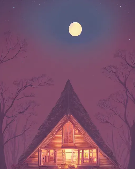 Image similar to beautiful painting of a serene moon at night over a elven house, art by mike winkelmann, sky night, illustration, highly detailed, simple, smooth and clean vector curves, no jagged lines, vector art, smooth, artstation