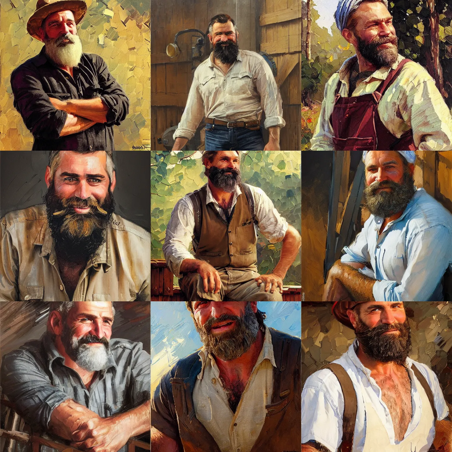 Prompt: a brawny bearded labourer man with a warm and kindly expression, relaxed after a difficult day, character portrait by Michael Garmash, Karol Bak, Greg Rutkowski