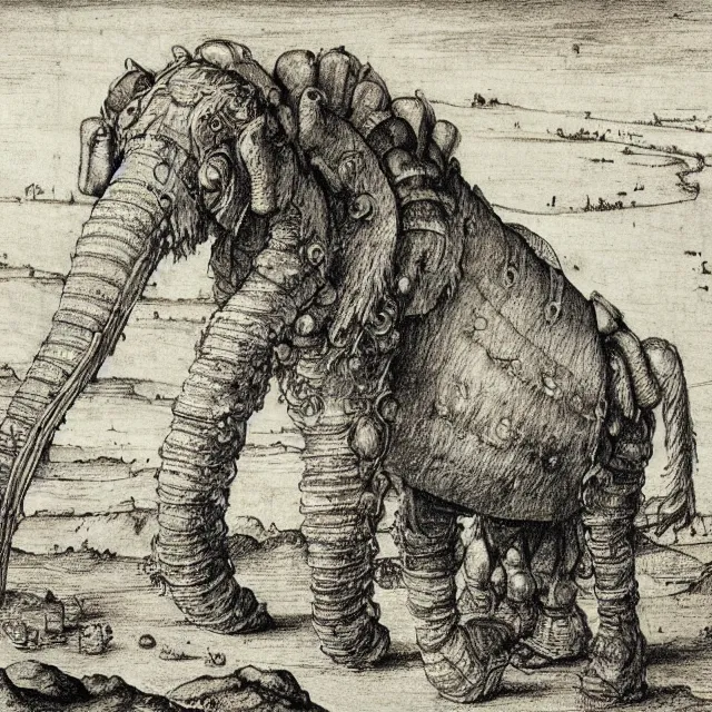 Prompt: a detailed, intricate drawing of a heavily armored mammoth on a beach, by albrecht durer