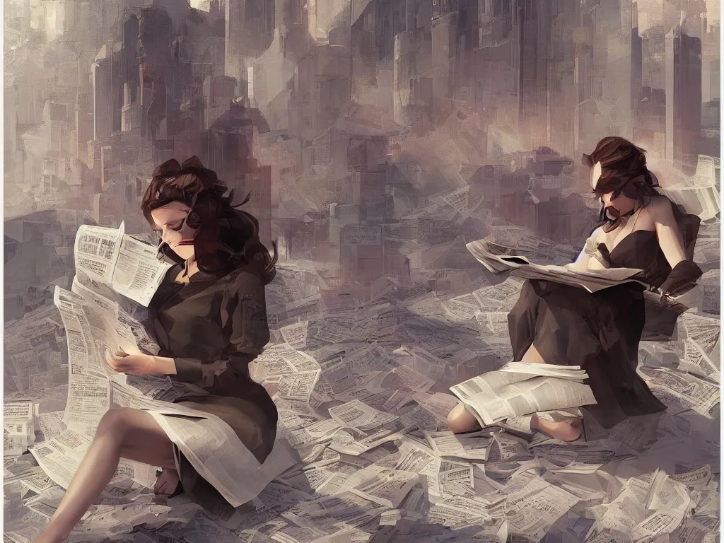 Image similar to seductive goddes reading newspaper in modern city in the style of Durand and greg rutkowski, beautiful, geometric, trending on artstation, cinematic