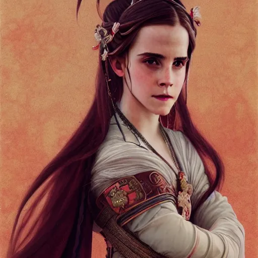 Image similar to a highly detailed portrait of emma watson as a medieval chinese princess, beautiful detail and color, art by john collier and albert aublet and krenz cushart and artem demura and alphonse mucha, volumetric lighting, octane render, 4 k resolution, trending on artstation, masterpiece