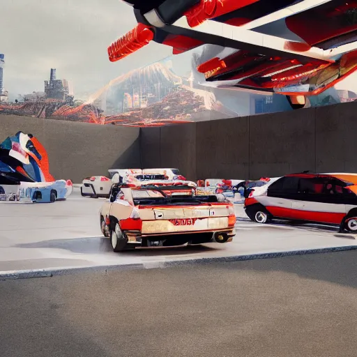 Image similar to car truck race sci-fi wall structure on the coronation of napoleon painting and digital billboard in the middle, unreal engine 5, keyshot, octane, artstation trending, ultra high detail, ultra realistic, cinematic, 8k, 16k, in style of zaha hadid, in plastic, dark, tilt shift,