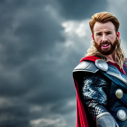 Image similar to chris evans as thor, marvel cinematic universe, mcu, canon eos r 3, f / 1. 4, iso 2 0 0, 1 / 1 6 0 s, 8 k, raw, unedited, symmetrical balance, in - frame,