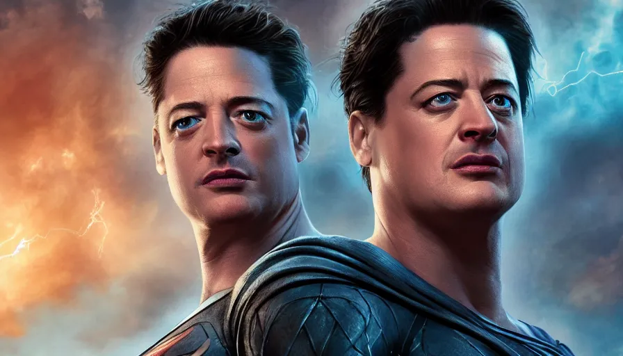 Image similar to Brendan Fraser in the Justice League, hyperdetailed, artstation, cgsociety, 8k