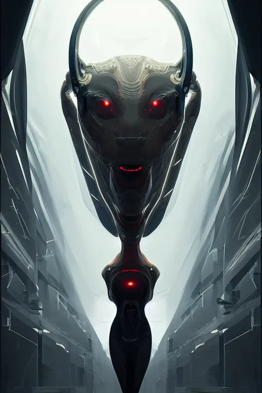 Prompt: professional concept art symmetrical portrait of a predatory robotic species in a dark room by artgerm and greg rutkowski. an intricate, elegant, highly detailed digital painting, concept art, smooth, sharp focus, illustration, in the style of cam sykes.