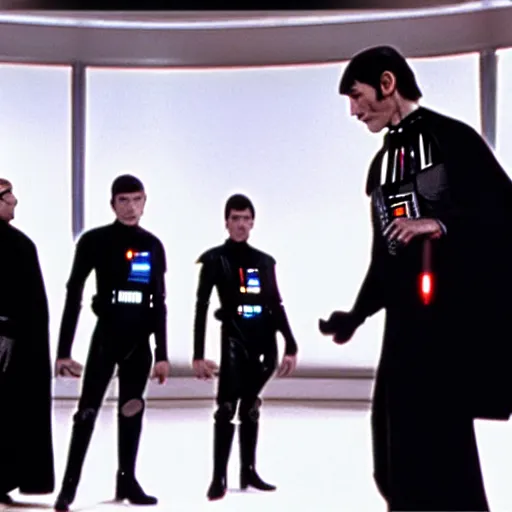 Prompt: photoelectric movie scene with mister spock in star wars duelling darth vader, high quality, 8 k