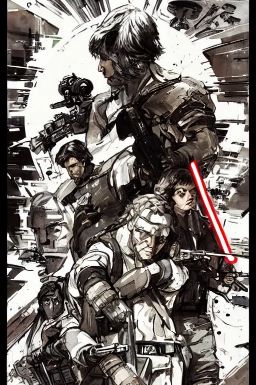 Image similar to star wars illustrated by yoji shinkawa, ink, digital painting, highly detailed, trending on artstation, sharp focus, illustration, concept art, norman rockwell