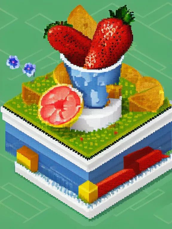 Prompt: miniature isometric pixel art diorama of yogurt with fruits